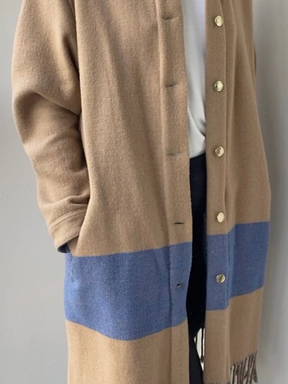 Anthropologie Vilagallo- Fringed Colorblocked Wool Coat- Camel- Size 38